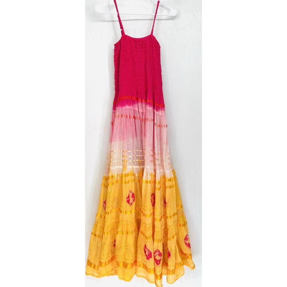 Jackpot India Boho Ctn Maxi Dress Pink Yellow Ombre Smocked Tiered Sundress OS - Picture 2 of 6
